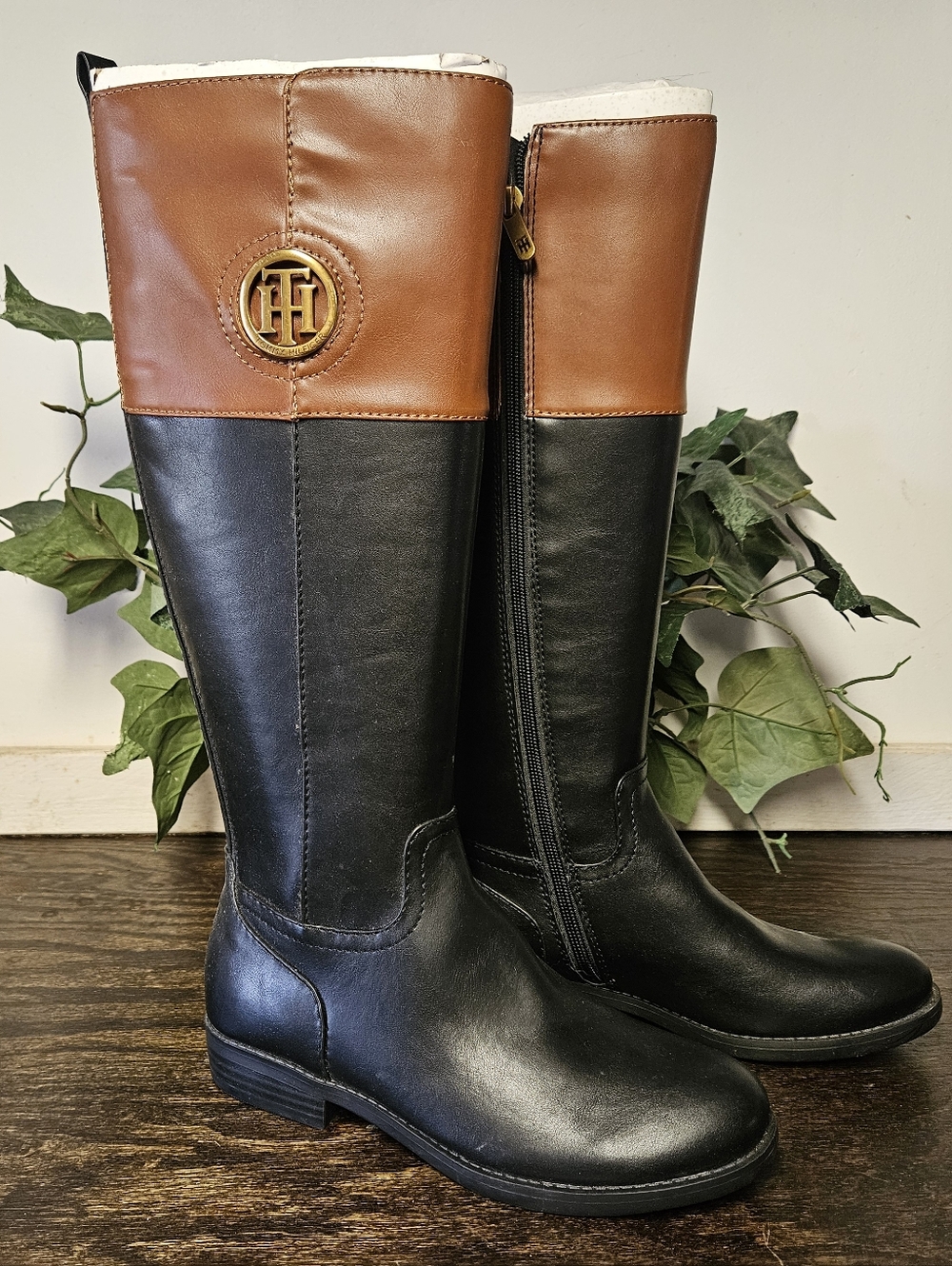 Tommy Hilfiger Black and Brown Two-Tone Riding Boots